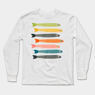 ANCHOVIES Bright Graphic Fun Groovy Fish in Vintage Orange Yellow Pink Blue Green Beige on Cream - Horizontal Layout - UnBlink Studio by Jackie Tahara Long Sleeve T-Shirt